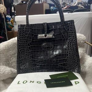 Longchamp Black Croc-Embossed Satchel